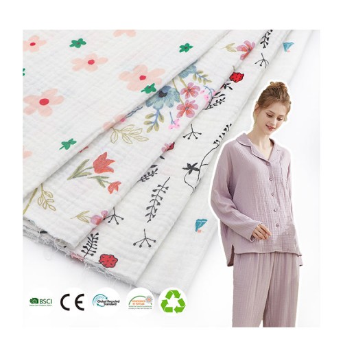 Muslin Fabric 115GSM Soft Breathable 100%Cotton Crepe Fabric Double Gauze Crinkle Woven Print Cotton Fabric For sleepwear